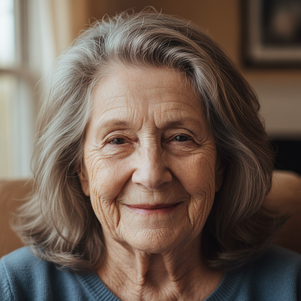 Artistic interpretation of the same person as they may have appeared in their 50s, with reduced lines and natural hair color
