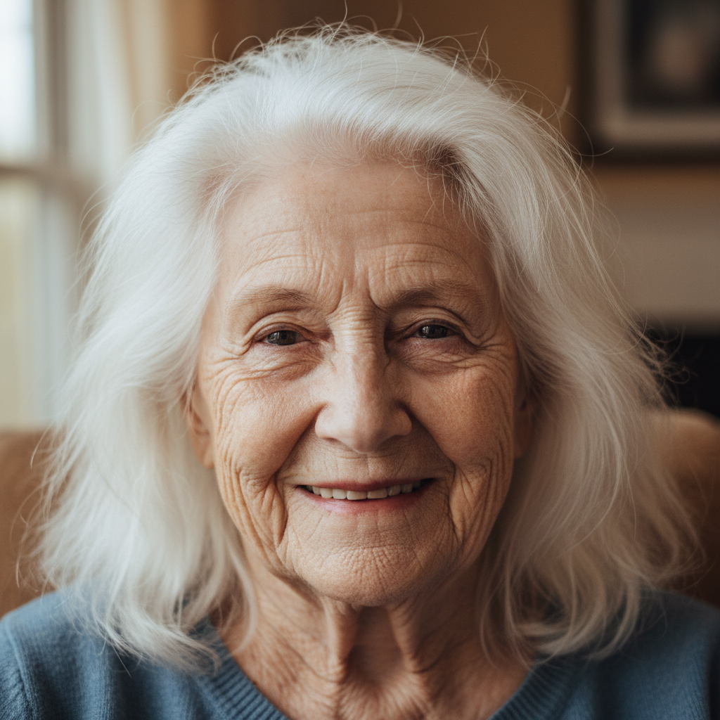Portrait of an elderly person in their 80s with white hair and deep facial lines
