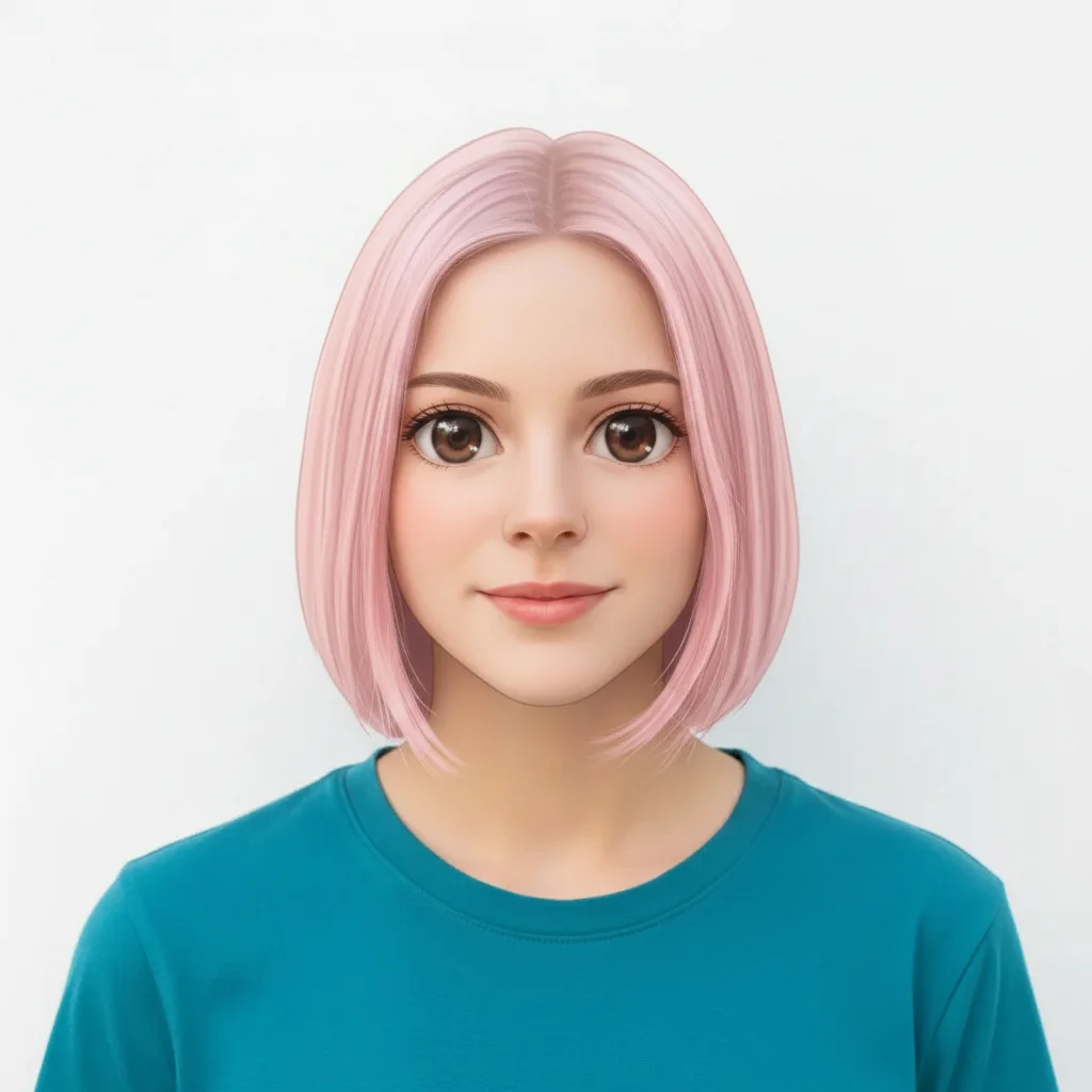 Same portrait transformed into anime girl art with large expressive eyes and pastel pink hair