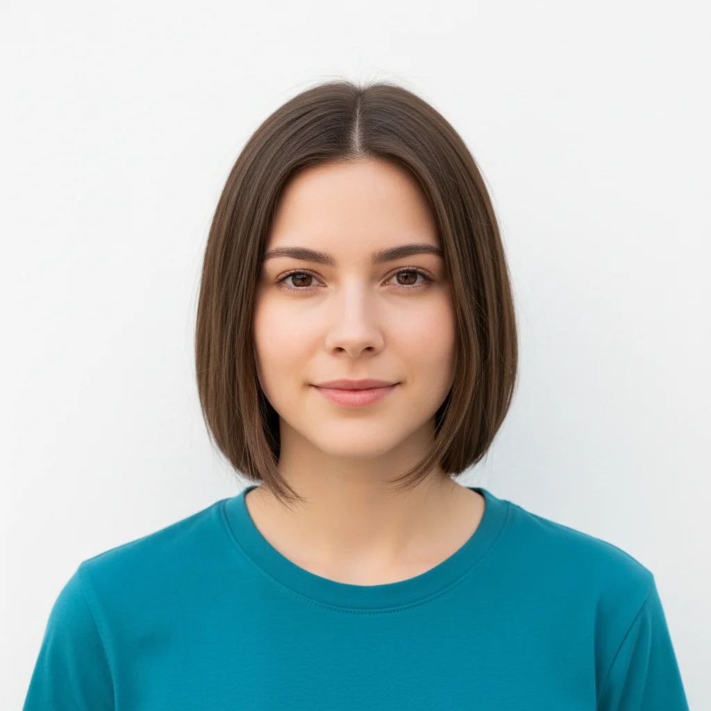 Portrait of young woman with brown hair on white background
