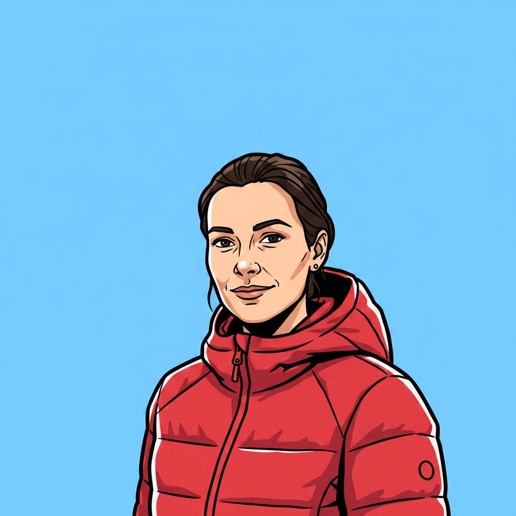 Same woman as bold comic-book cartoon with thick outlines and flat colors