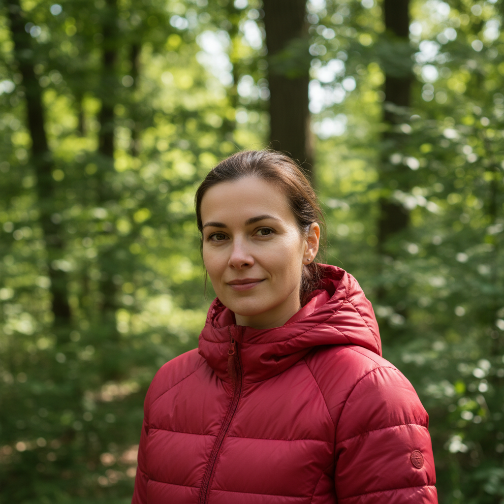 Natural portrait of woman in red jacket outdoors