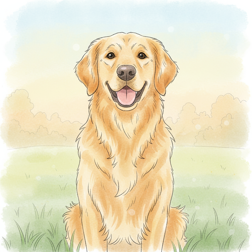 Same dog as a soft storybook cartoon with watercolor-style colors