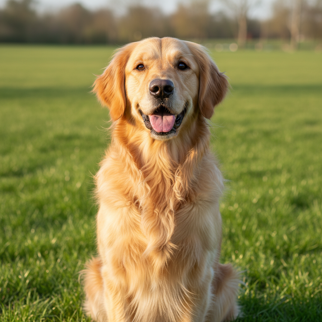 Golden retriever sitting on green grass in natural light