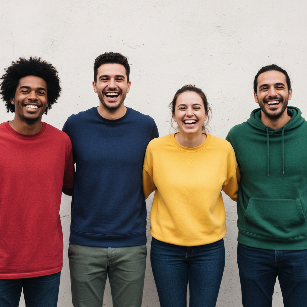 Four friends in colored tops in front of simple wall