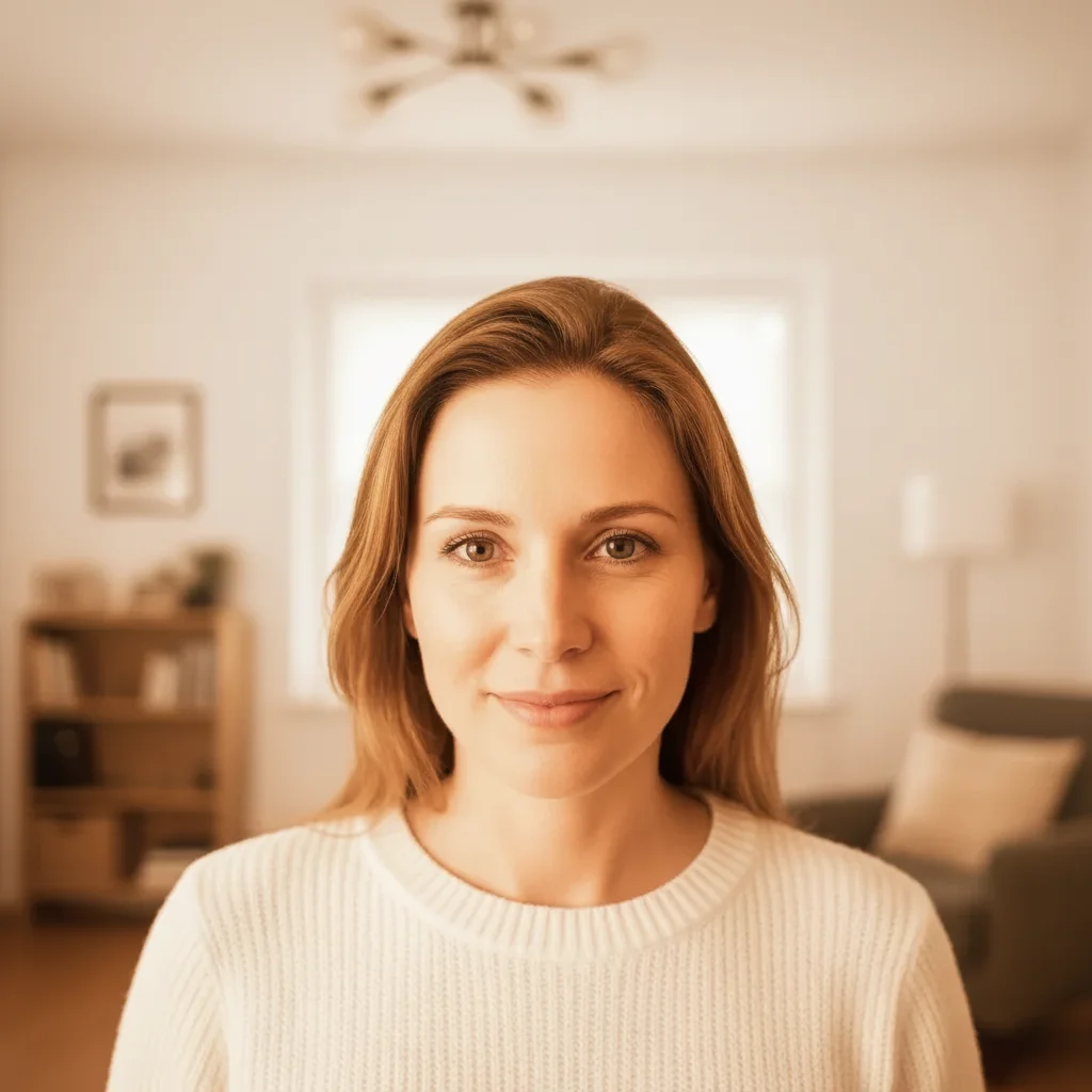 Same portrait with neutral white balance, white walls and natural skin tones