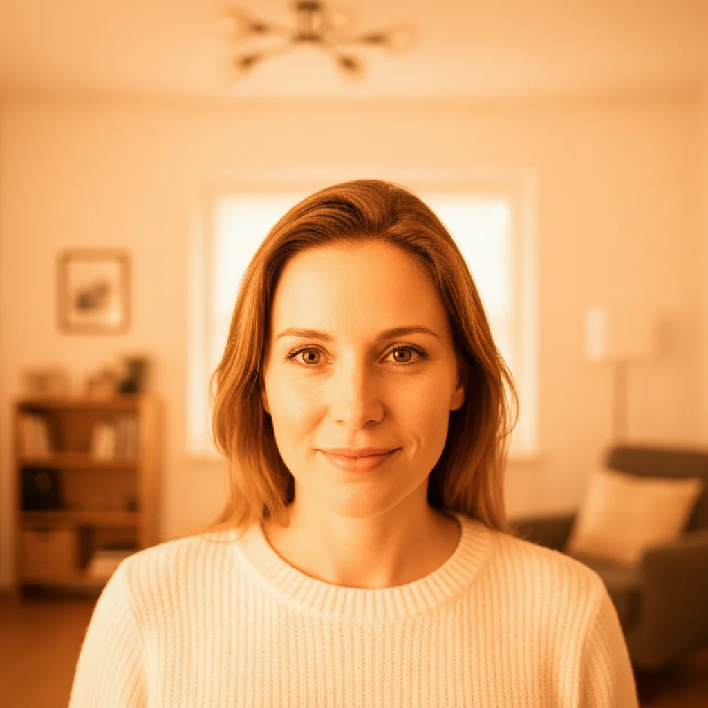 Portrait with orange tungsten cast, cream-orange walls and bronzed skin