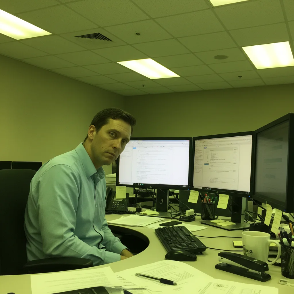 Office scene with green fluorescent cast, sickly skin tones