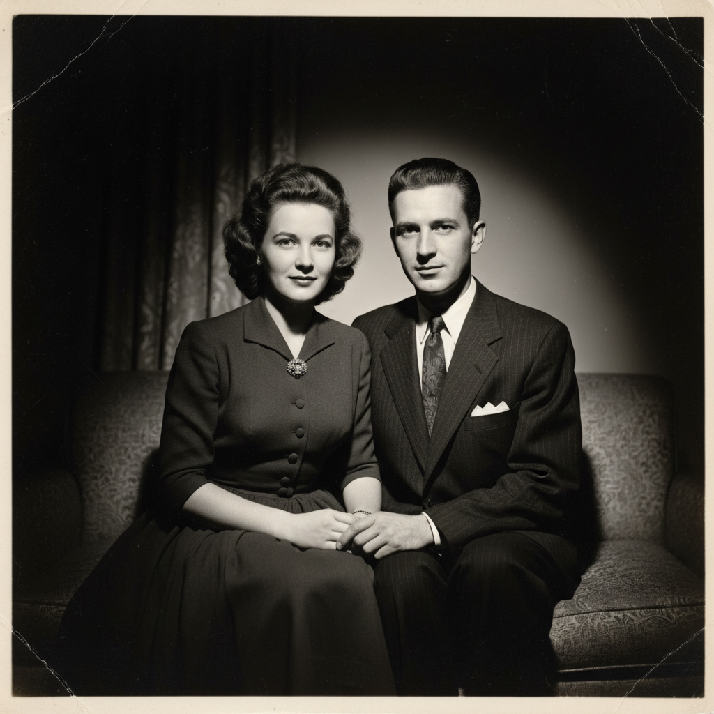 Black and white 1950s formal family portrait