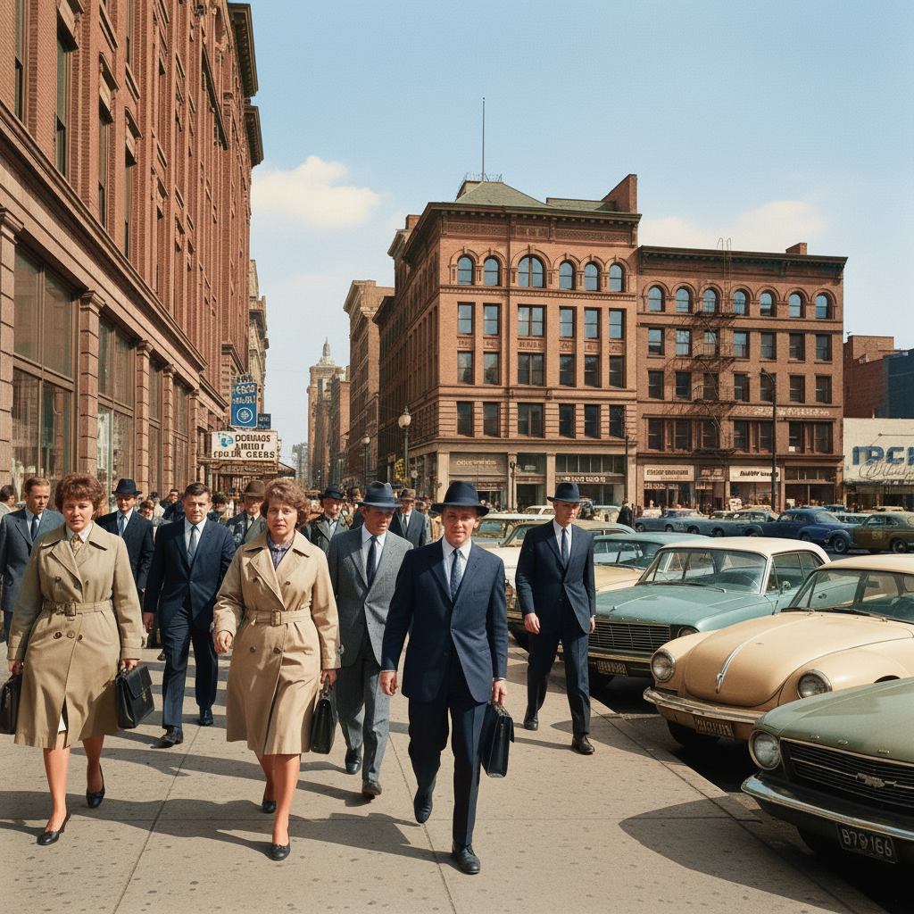 Colorized street scene with blue sky, brick buildings, and period clothing colors