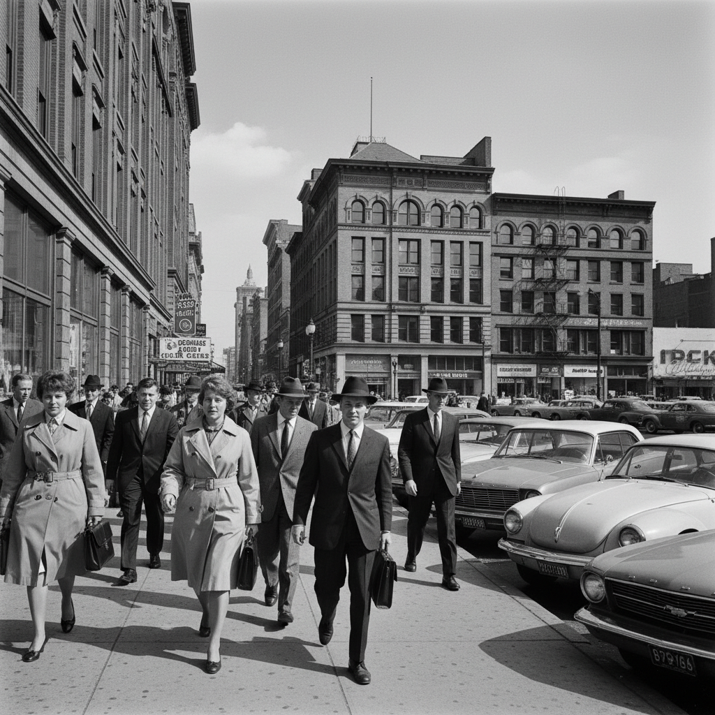 Black and white 1960s street scene with pedestrians