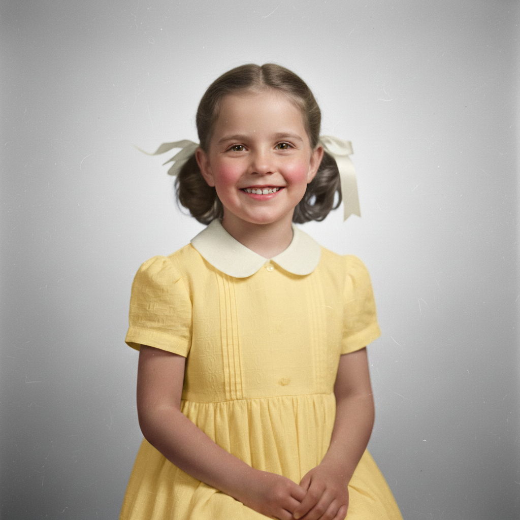 Colorized portrait showing yellow dress, natural skin tones, and brown hair