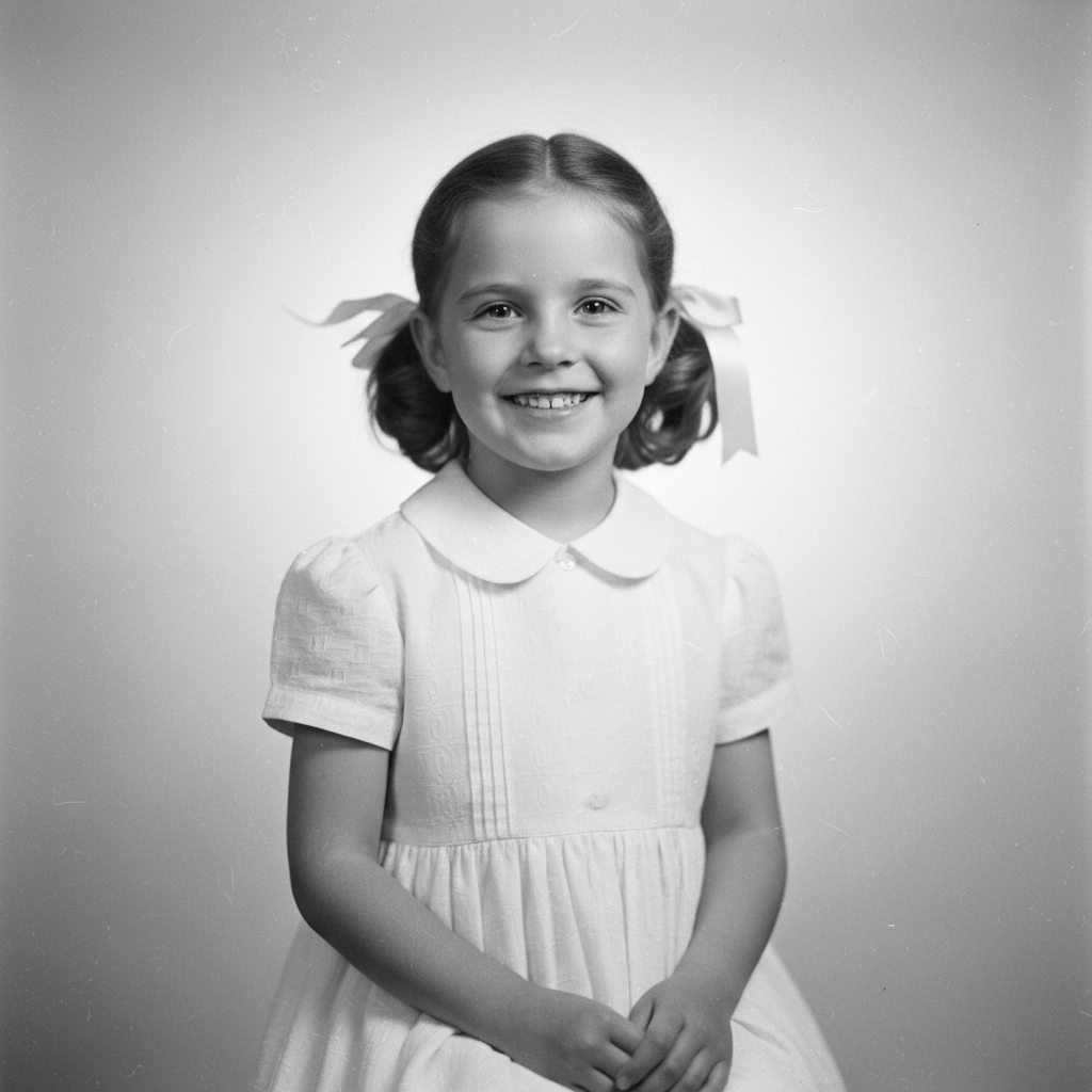 Black and white portrait of a young girl in a dress