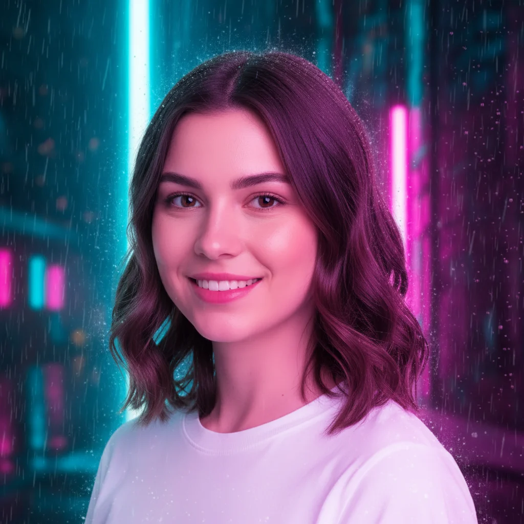 Same portrait transformed into cyberpunk style with neon cyan and magenta lighting