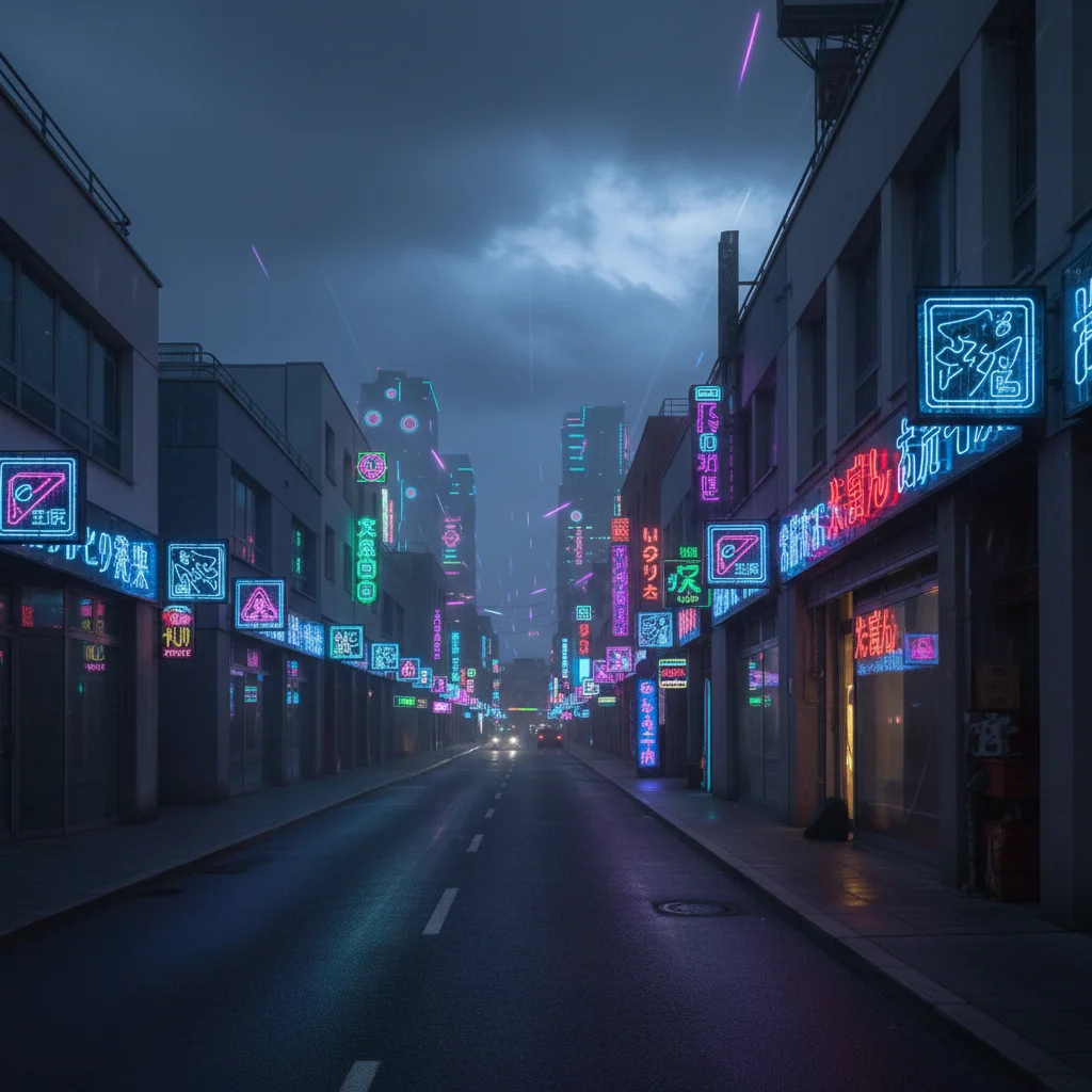Same street transformed into dark cyberpunk cityscape with neon signs and wet reflective pavement