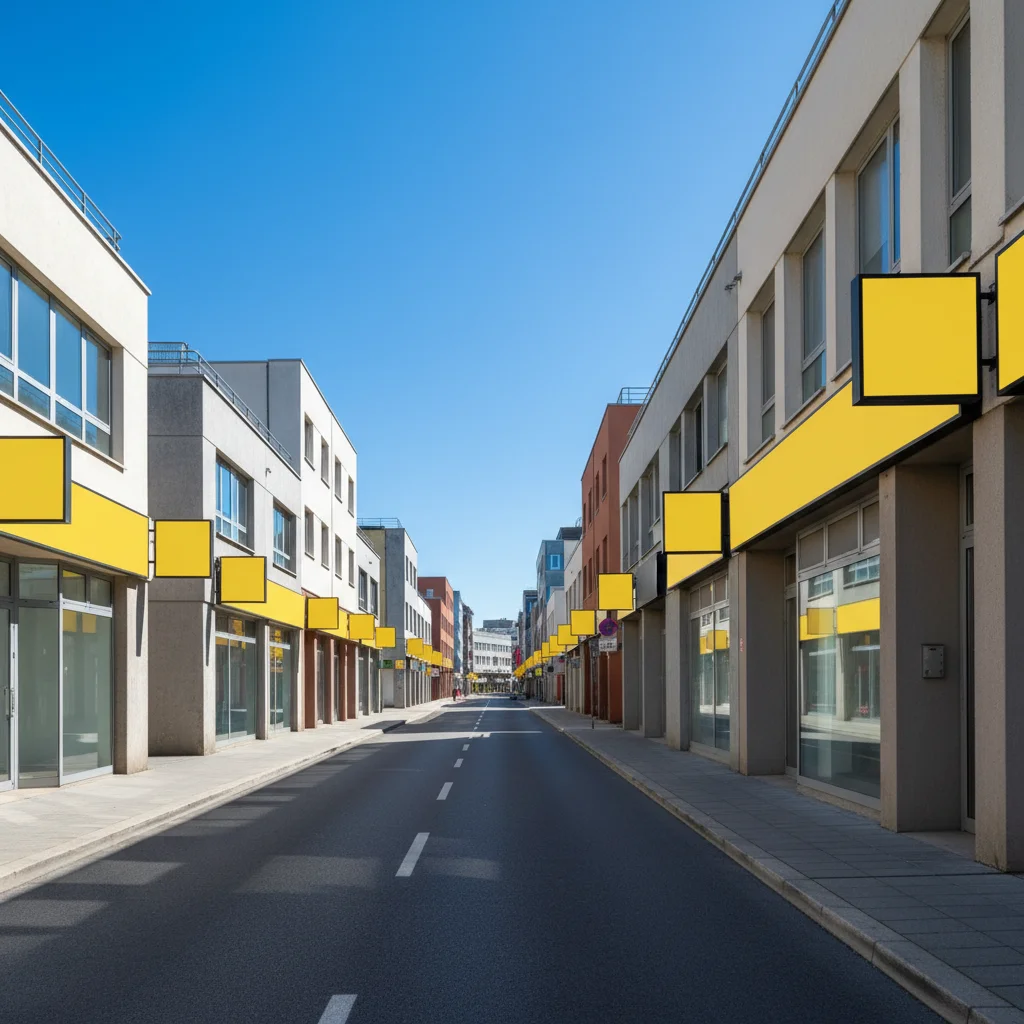 Bright daytime urban street with storefronts