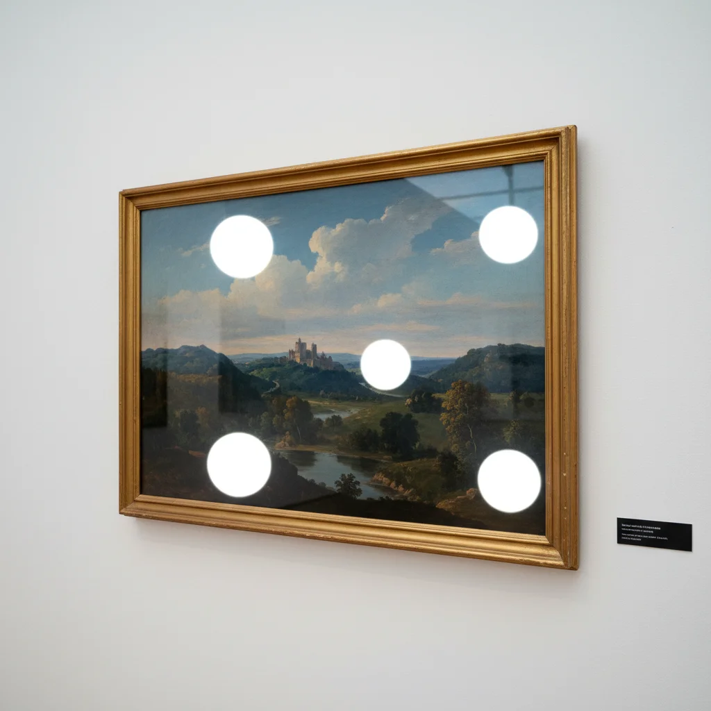 Framed painting with large glare spots from gallery spotlights