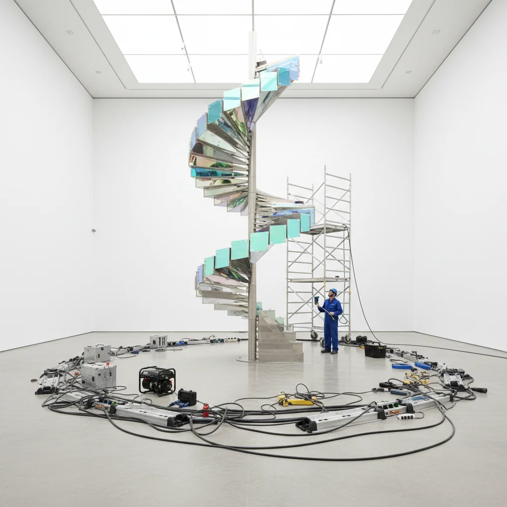 Installation artwork with cables and equipment visible in background