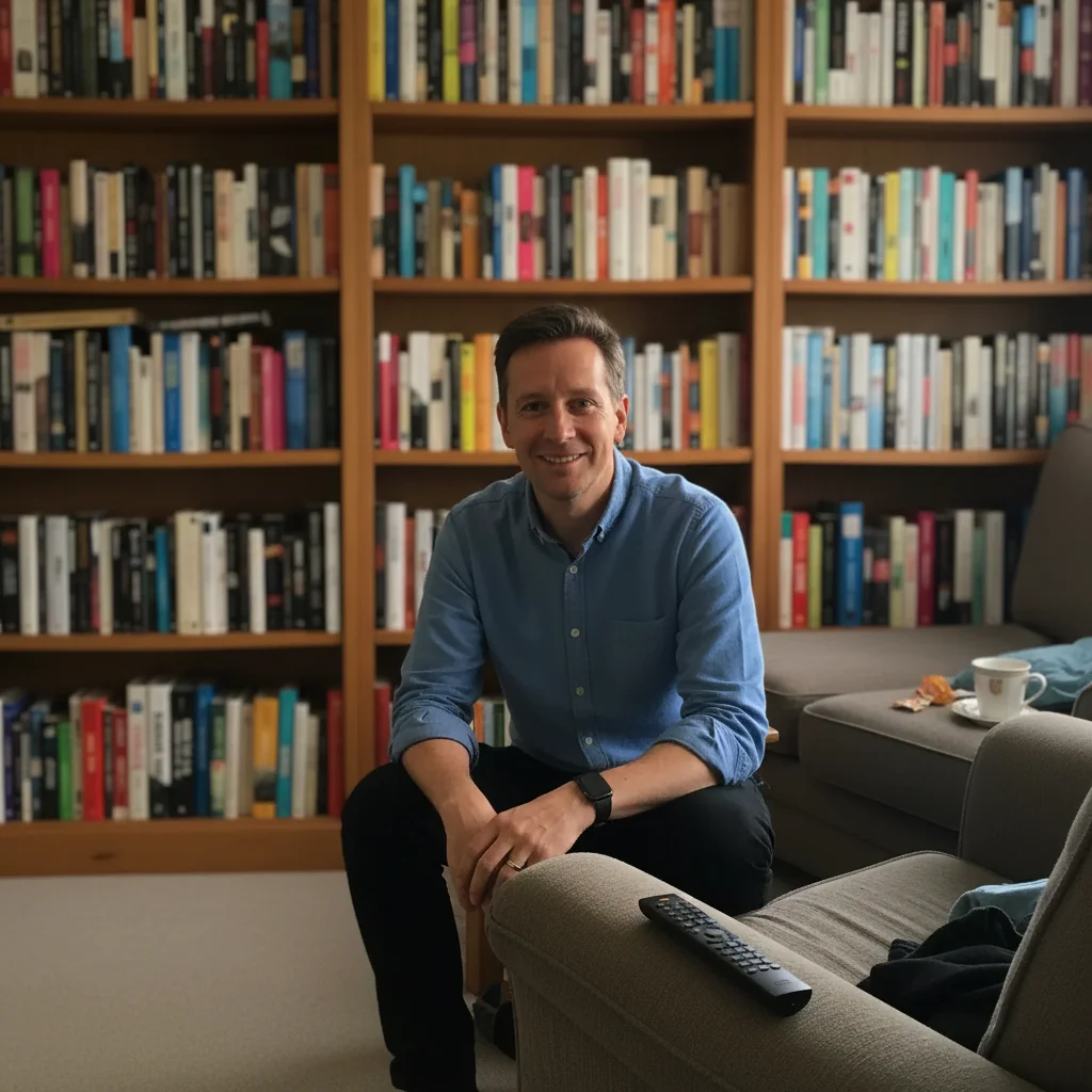 Same author with warm bookshelf background and professional lighting