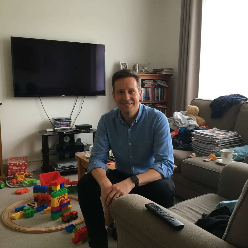 Author in front of messy living room background