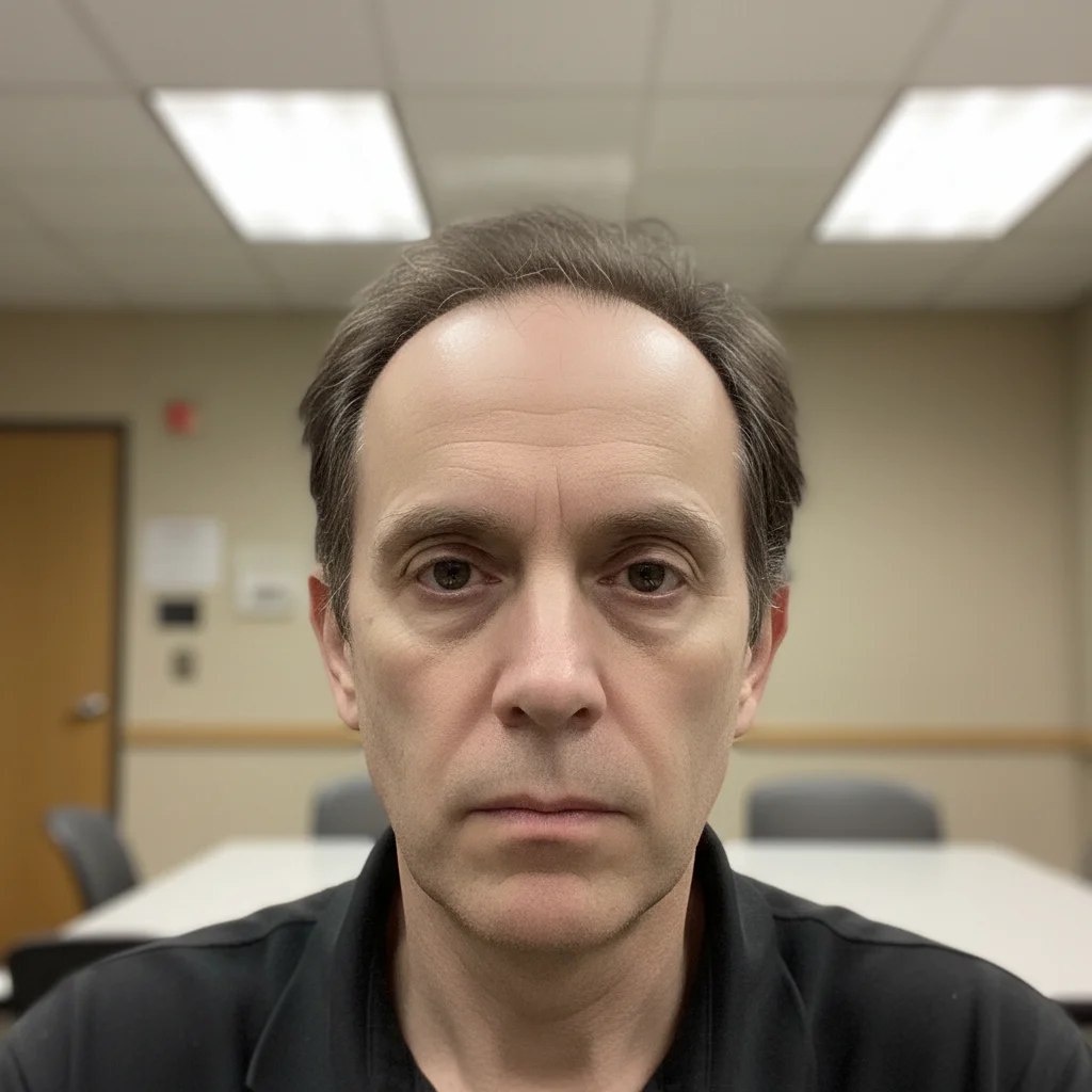 Author headshot with harsh fluorescent overhead lighting