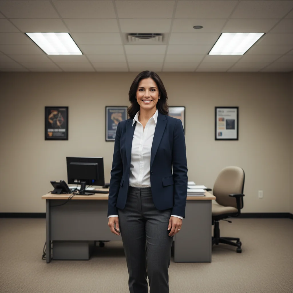 Business coach in office with flat fluorescent lighting