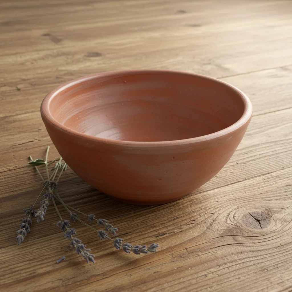 Same bowl on weathered oak surface with dried lavender, warm natural daylight