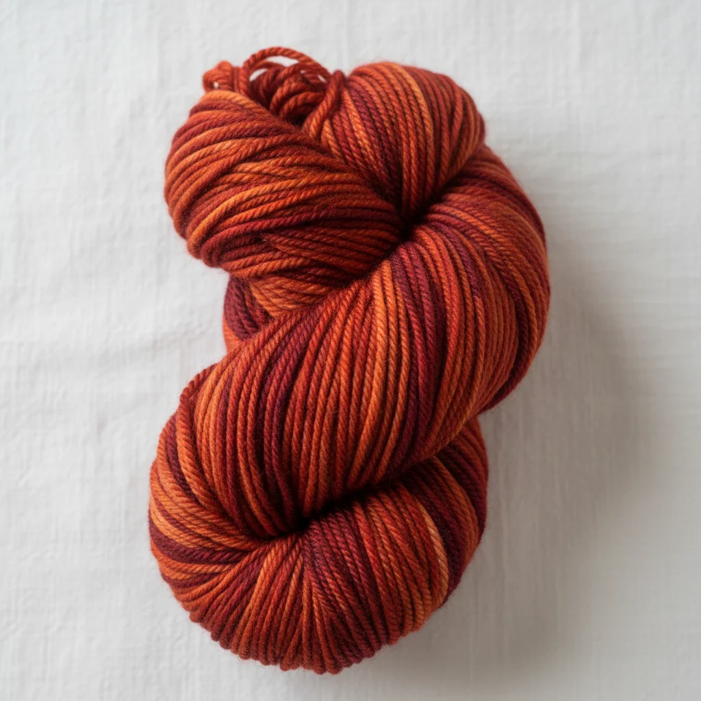 Burgundy hand-dyed yarn skein on white background, texture not visible