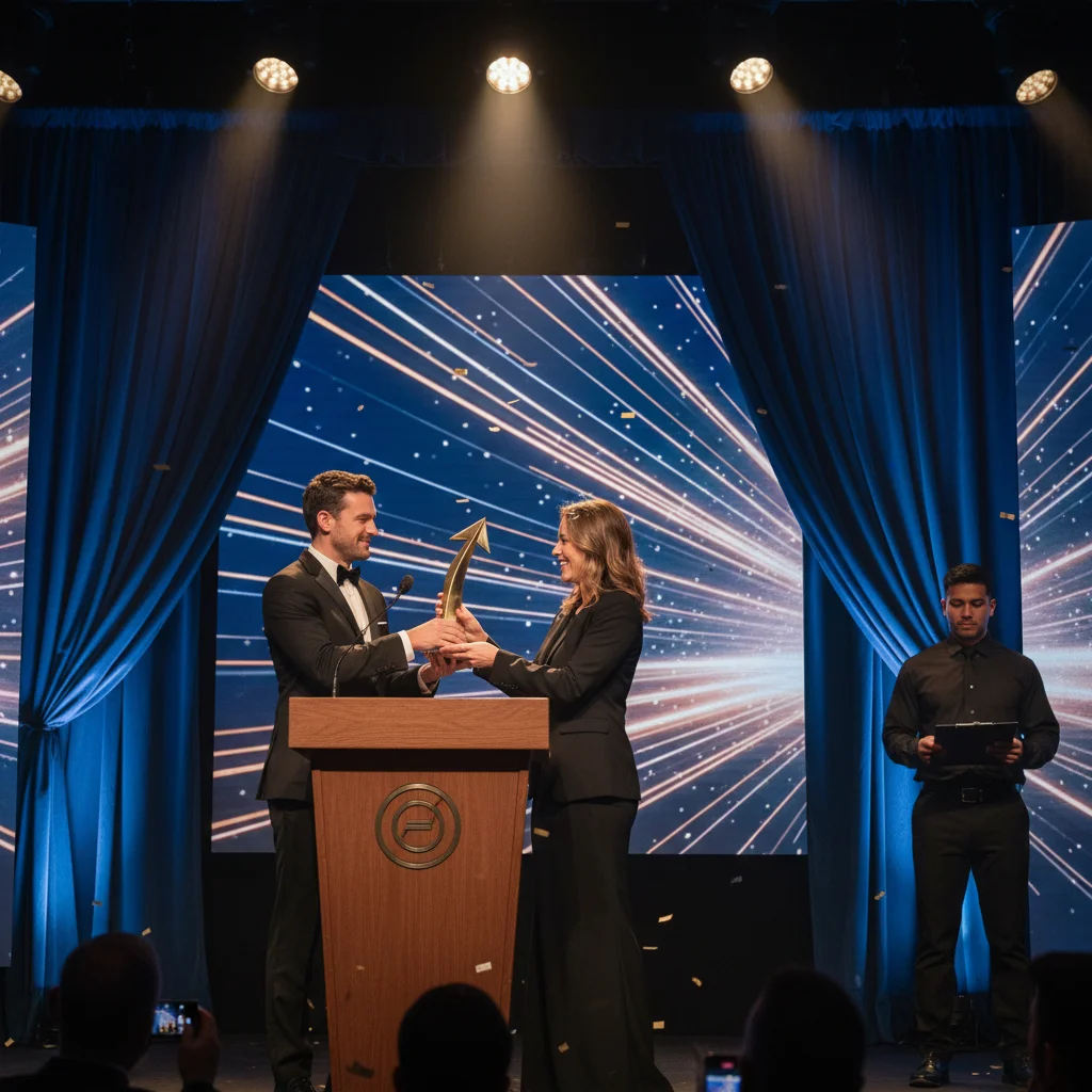 Award ceremony with staff member visible in background