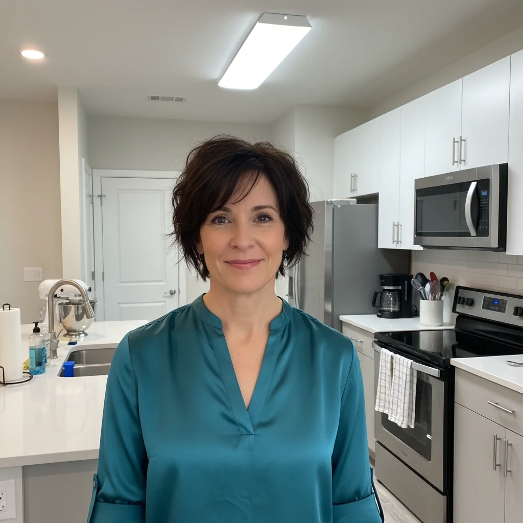 Casual photo of a woman in kitchen with overhead fluorescent lighting