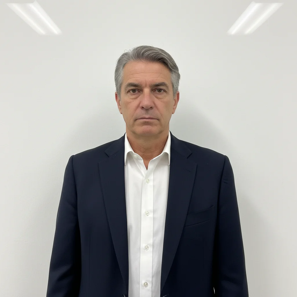 Formal portrait with flat fluorescent lighting against white wall
