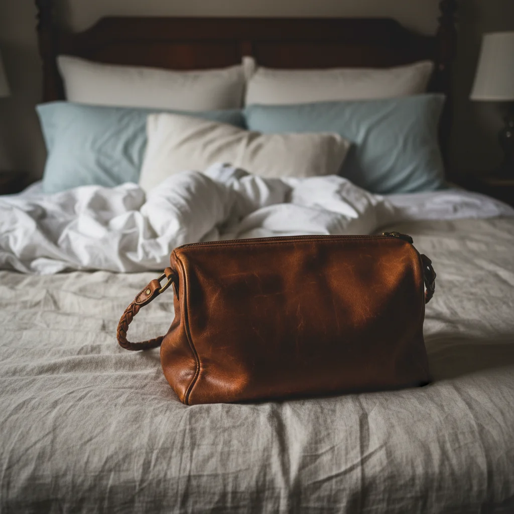 Handbag listing photo on messy bedroom background