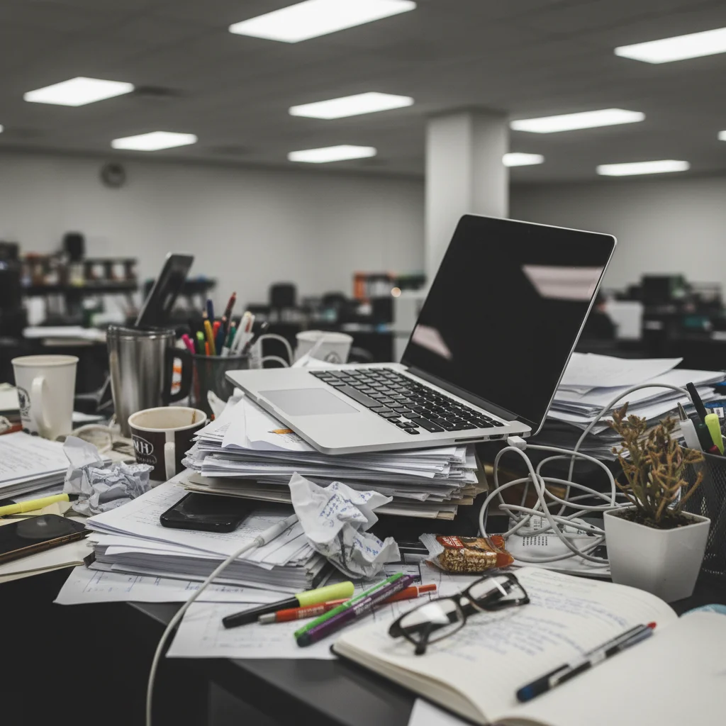 Laptop listing on cluttered desk with distracting background
