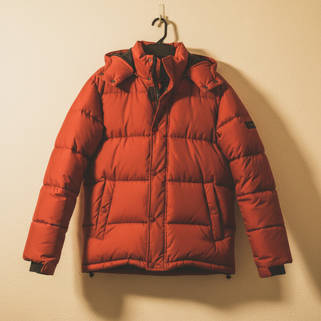 Red jacket appearing orange under yellow indoor lighting