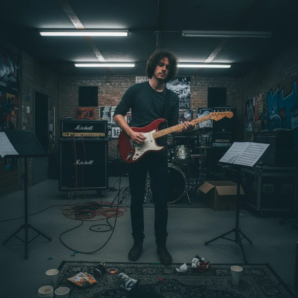 Same guitarist with moody dark background and dramatic professional lighting