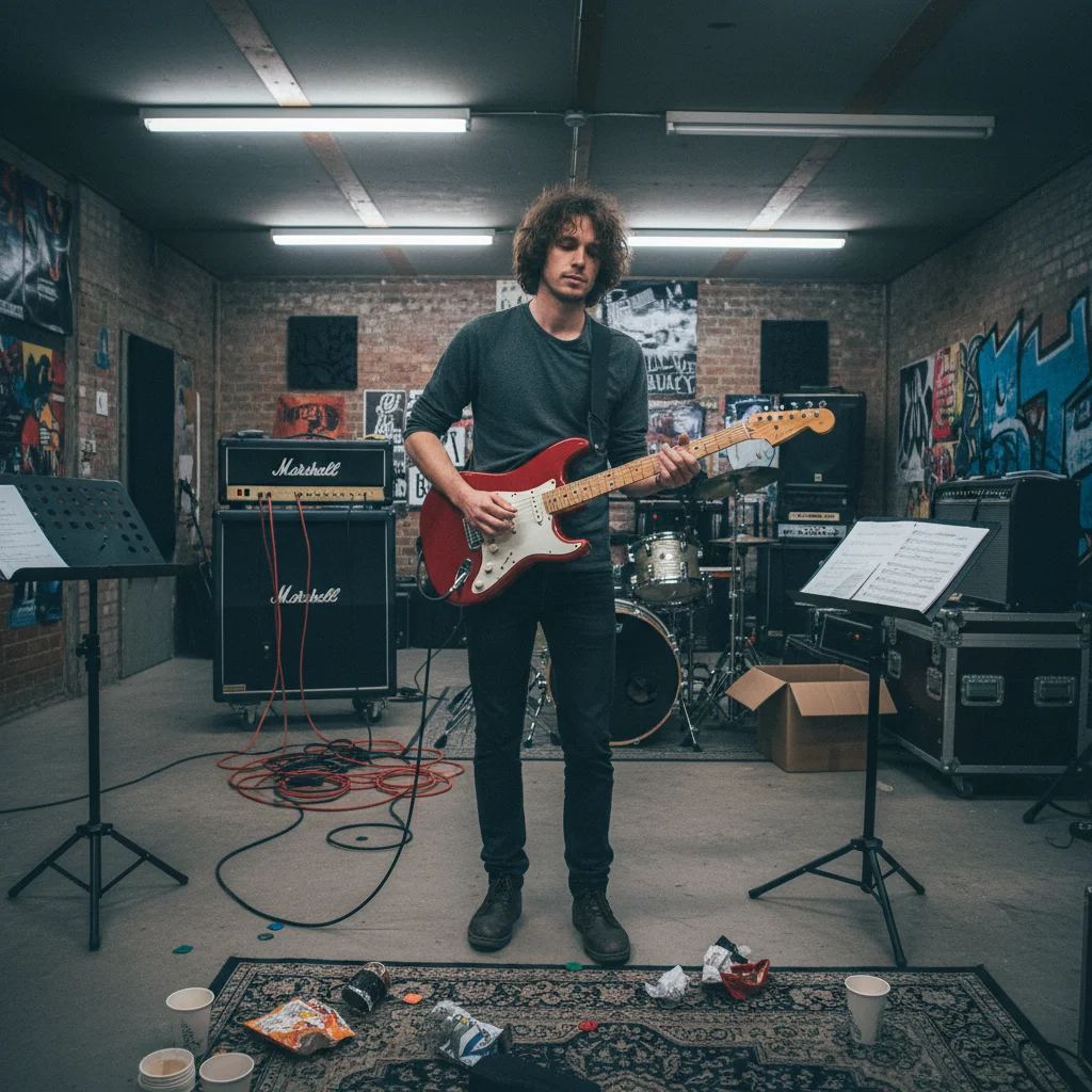 Guitarist in rehearsal space with fluorescent lighting and cluttered background