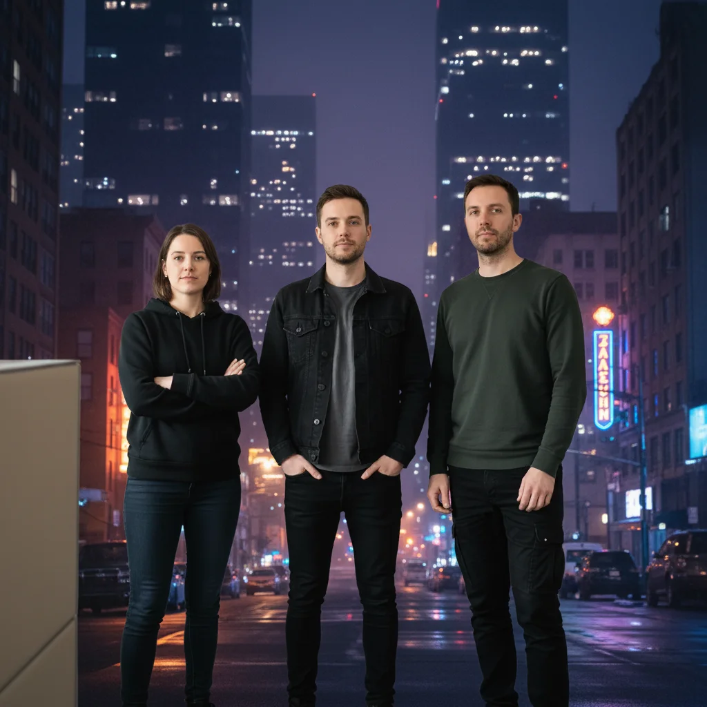 Same band with dramatic night cityscape background