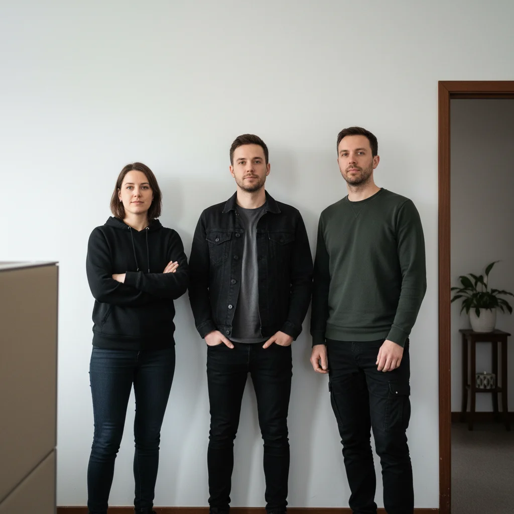 Band members in front of plain white wall