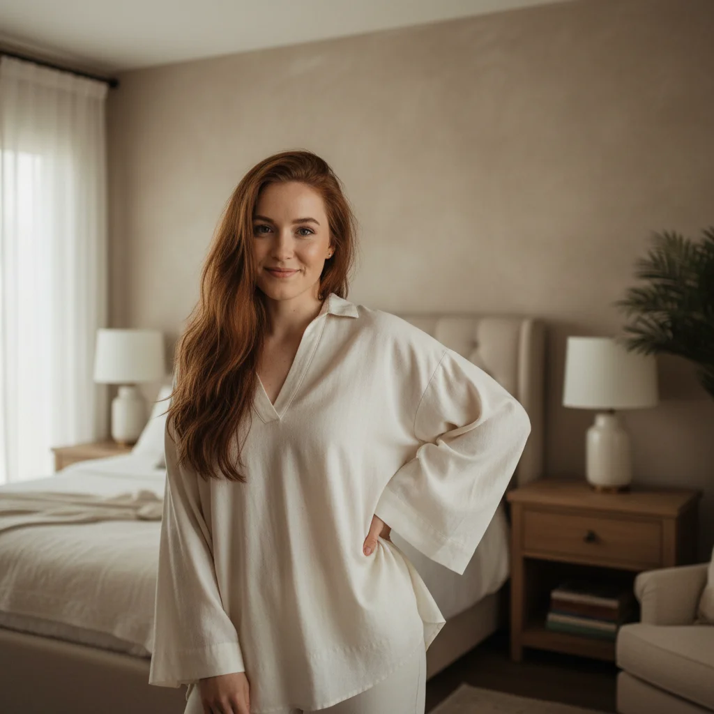 Creator promo photo with beige bedroom background