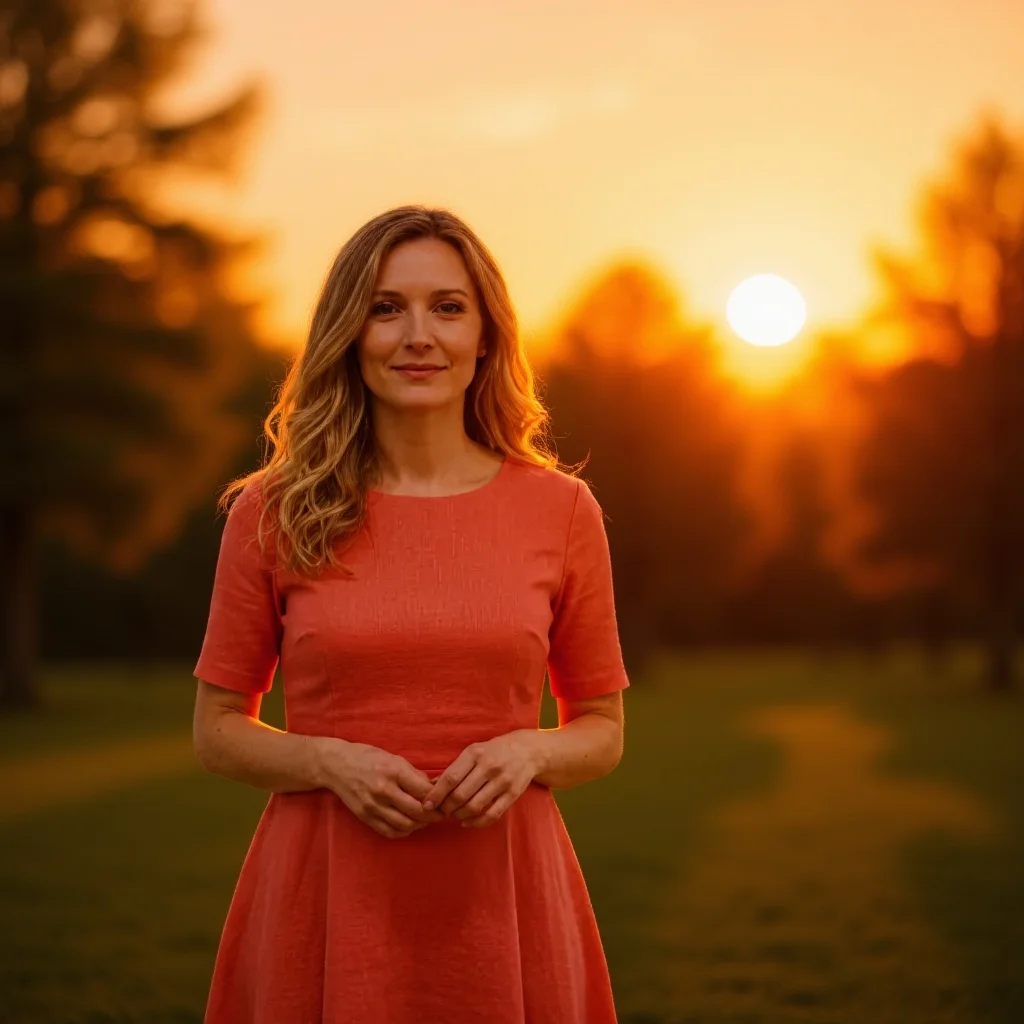 Same photo transformed with warm golden hour lighting and soft outdoor bokeh background