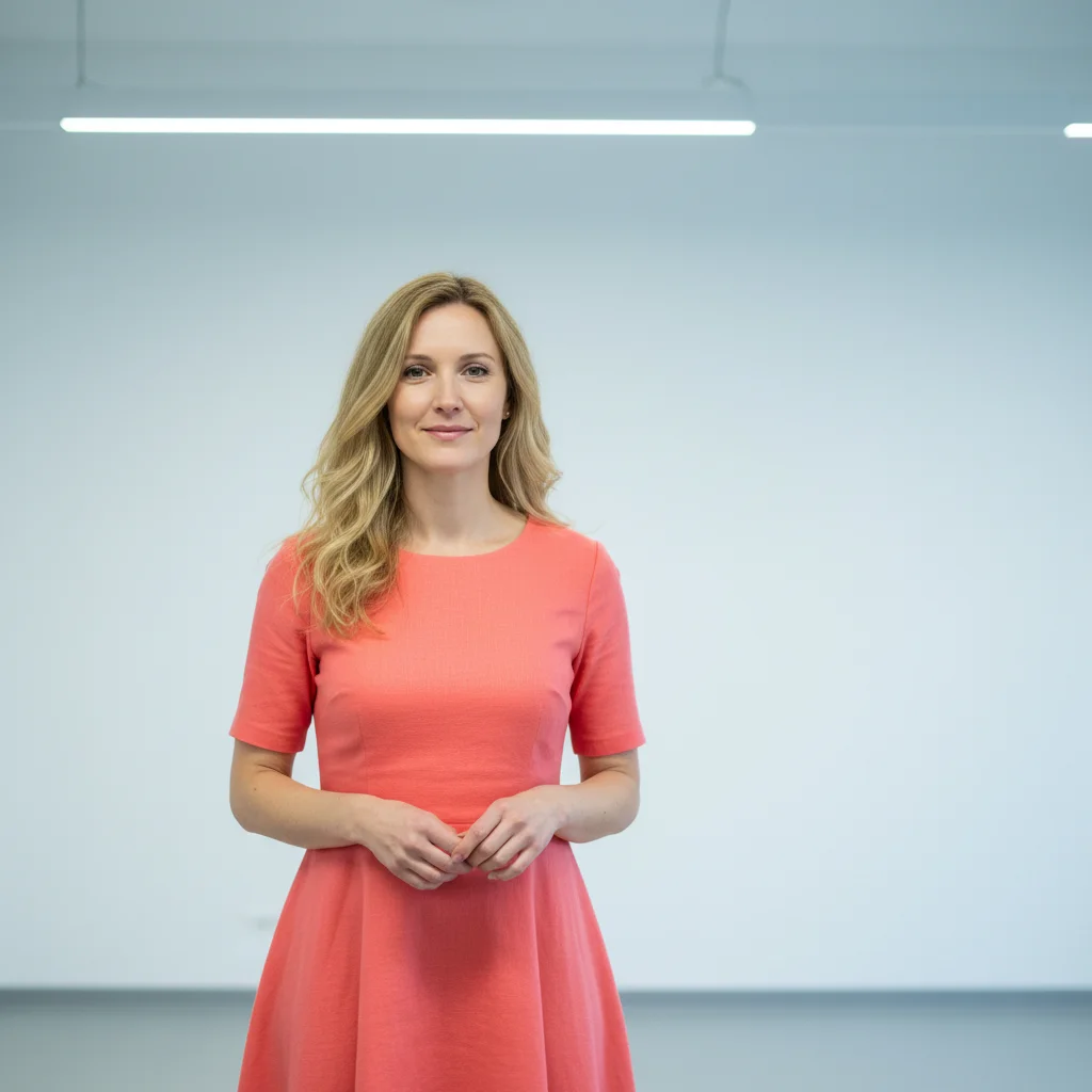 Indoor portrait under flat fluorescent light against white wall