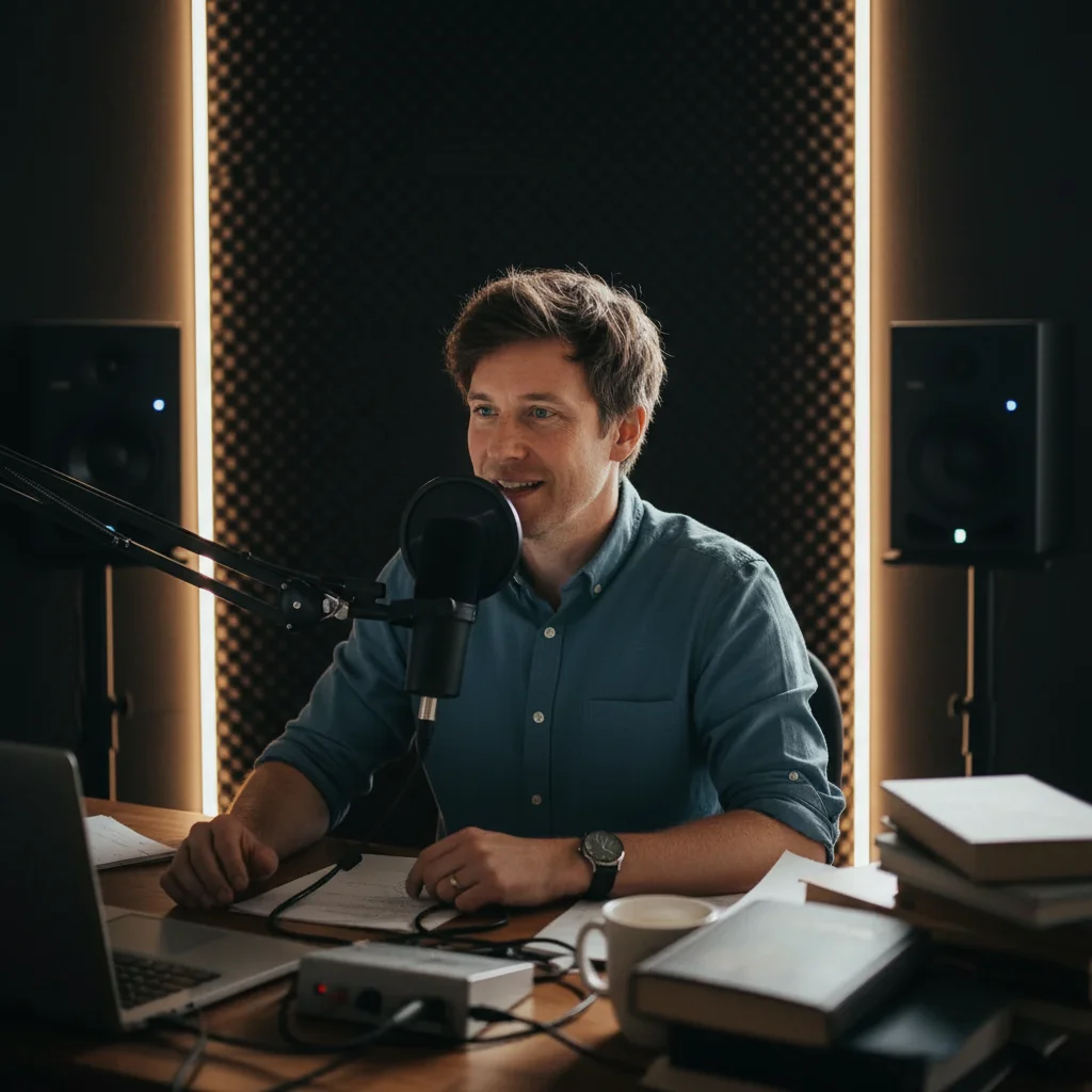 Same host with clean dark professional studio background