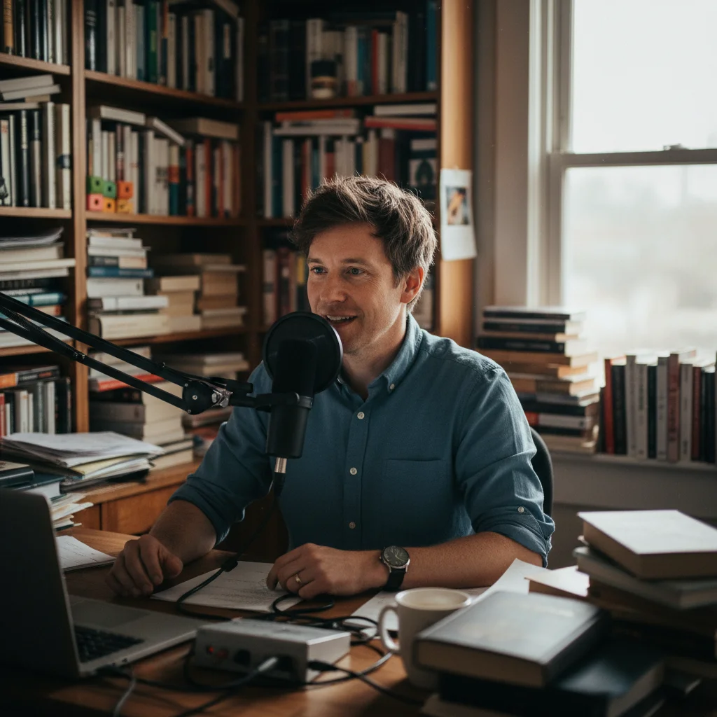 Podcast host photo with cluttered home office background