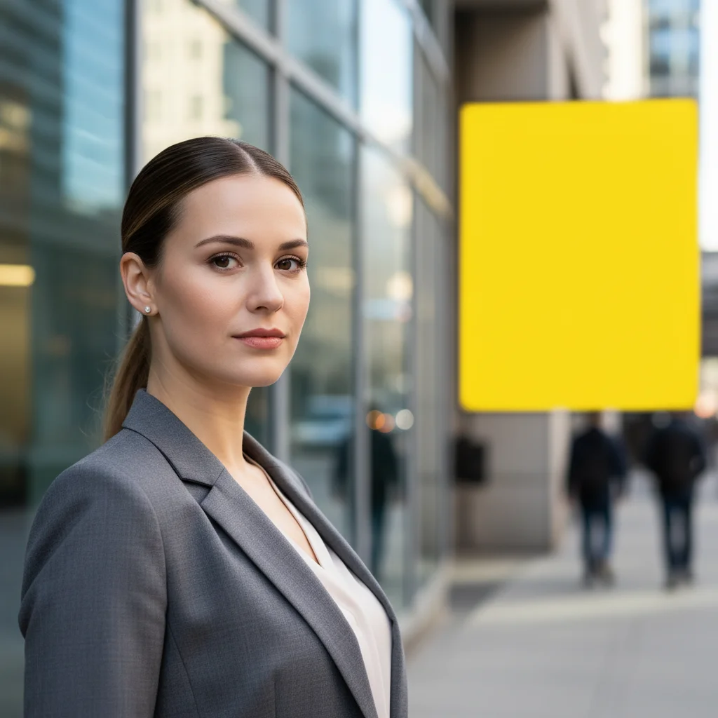 Portrait with distracting yellow sign in background