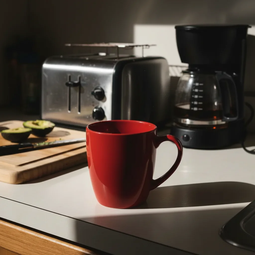 Same red ceramic mug on clean white background with subtle natural shadow, Shopify-ready