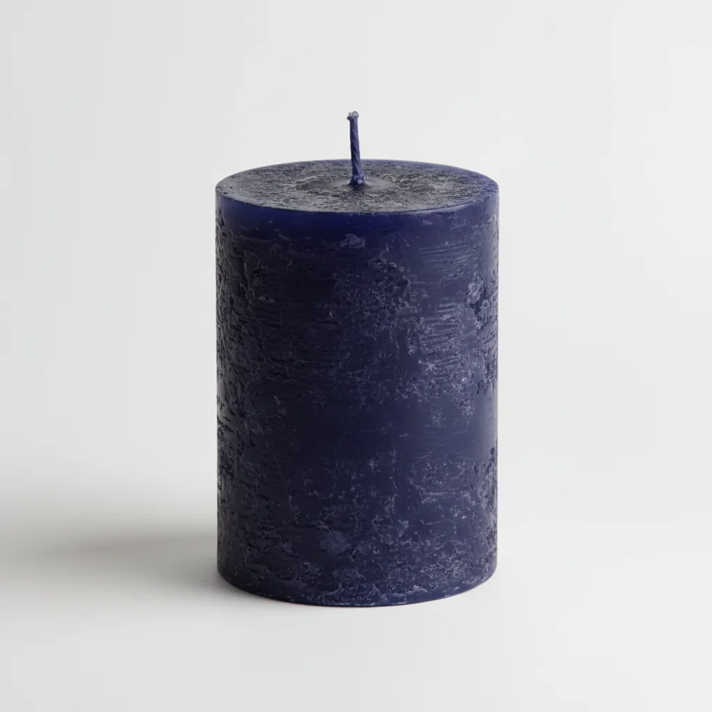 Same candle in deep navy blue with identical wax texture and wick preserved
