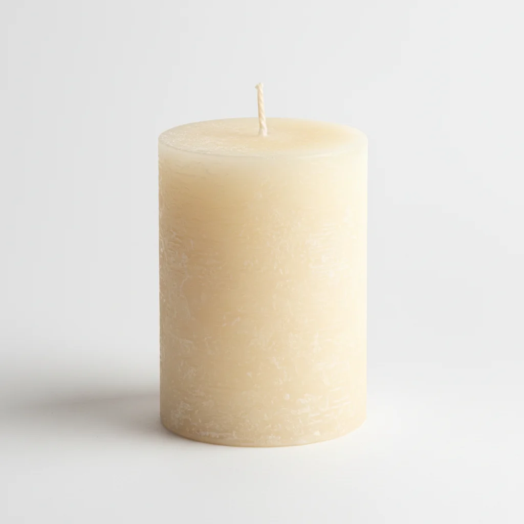 Cream pillar candle on white background, professional product shot