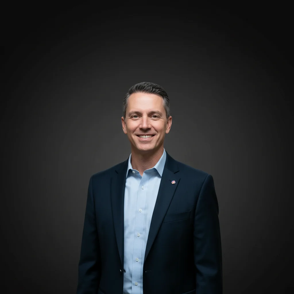 Same speaker with clean dark professional background and even studio lighting