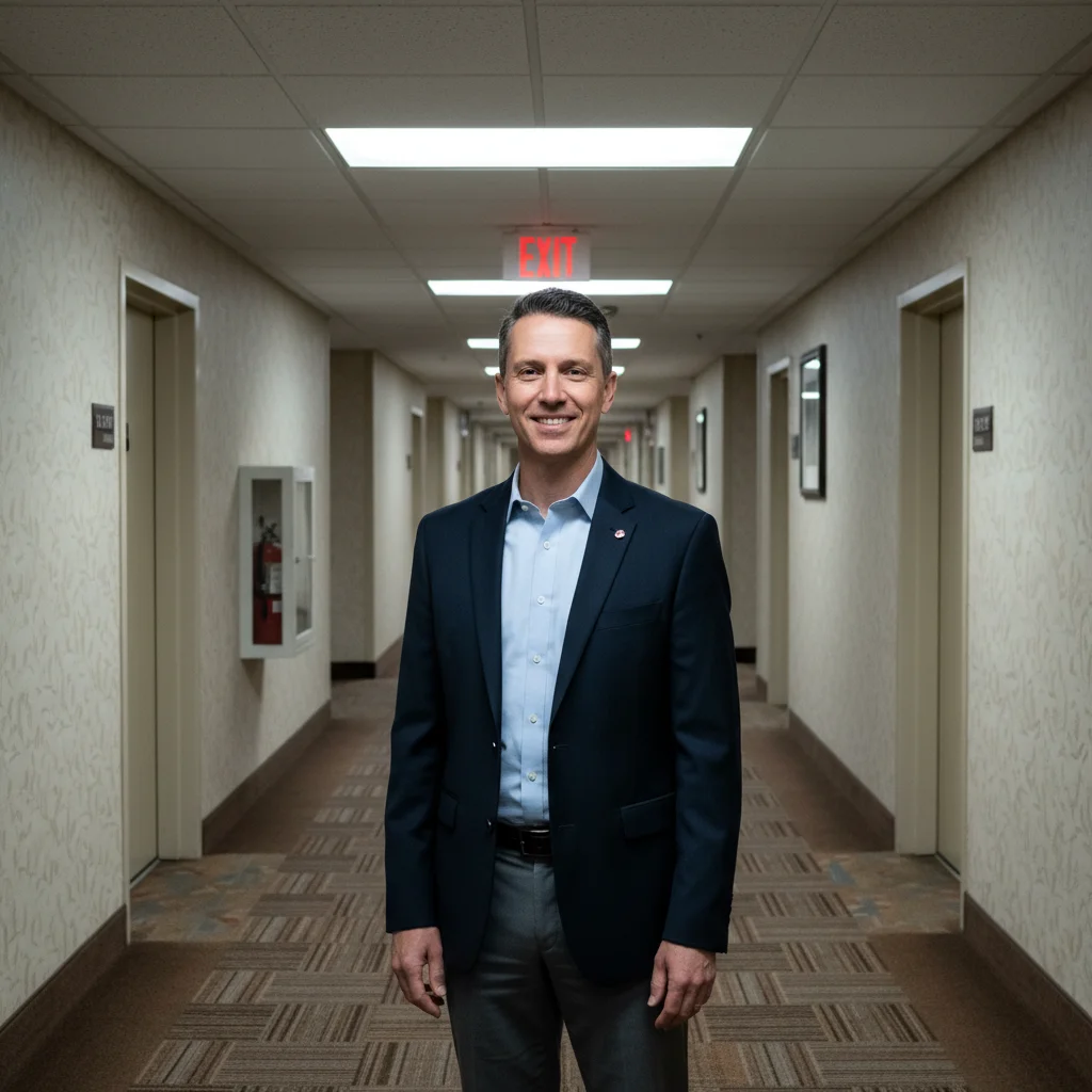 Speaker in conference hallway with fluorescent lighting