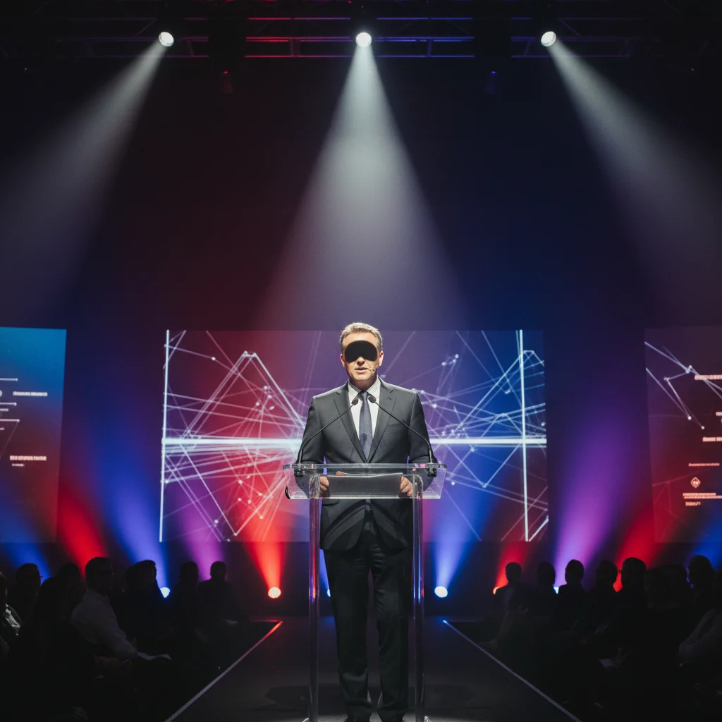 Speaker at podium with harsh overhead stage lighting shadowing the face